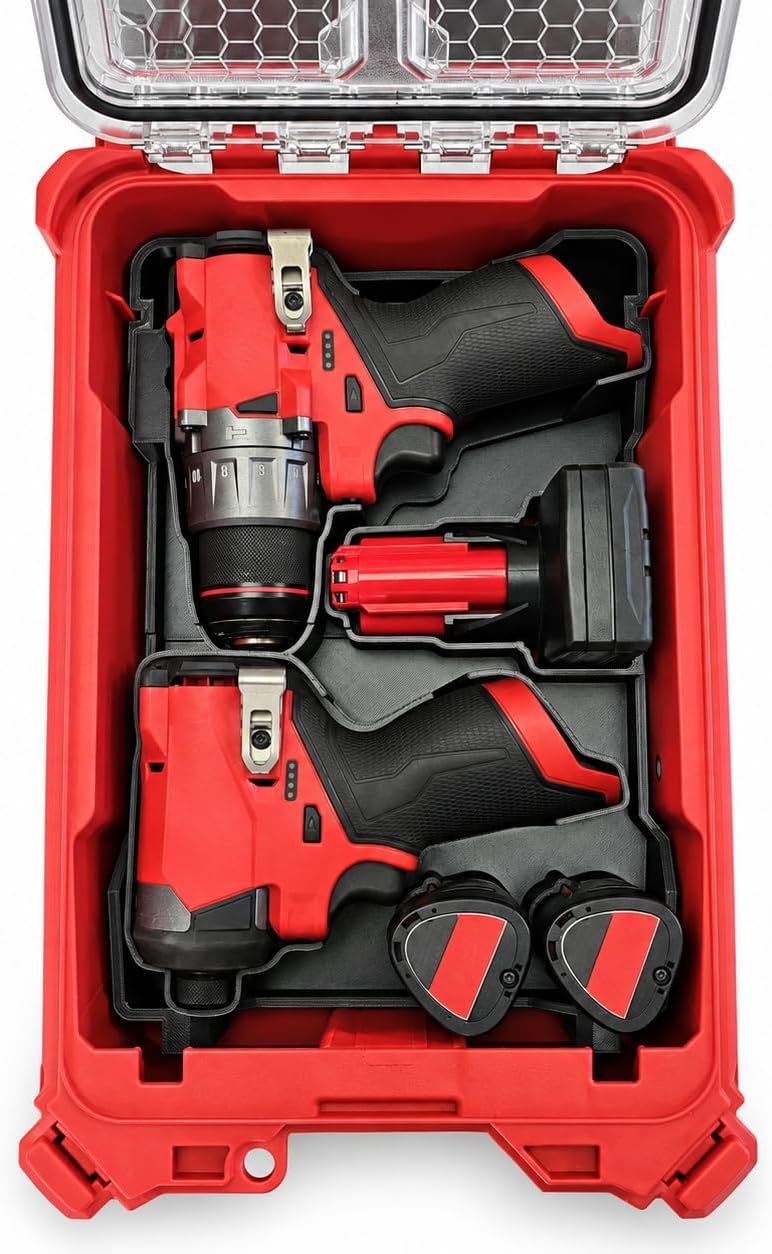 M12 Drill & Impact Driver Gen 3 Compatible Tool Insert | Holds one XC 4.0 battery and two CP 1.5 batteries | Fits PACKOUT Compact Organizer 48-22-8435 | PETG