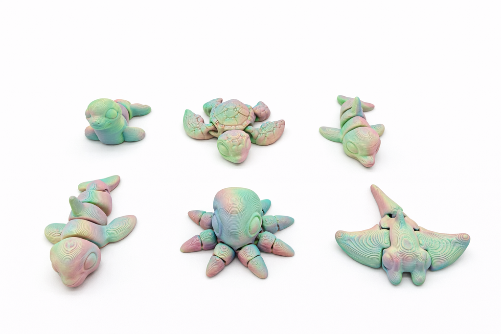 Articulated Sea Animals 6 Pack with Egg – Sharks, Turtle, Manta Ray, Octopus and an Ocean Blue Egg | 3D Printed Ocean Toy Set | Fidget Toy | Kids Gift