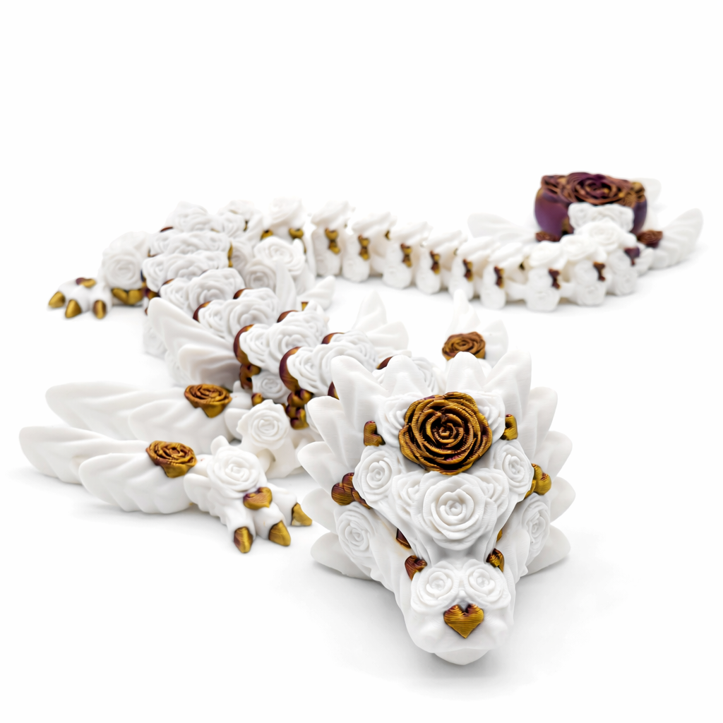White Rose Dragon – Articulated 3D Printed Dragon Toy, Flexible Fantasy Fidget Figure, Desk Decor.