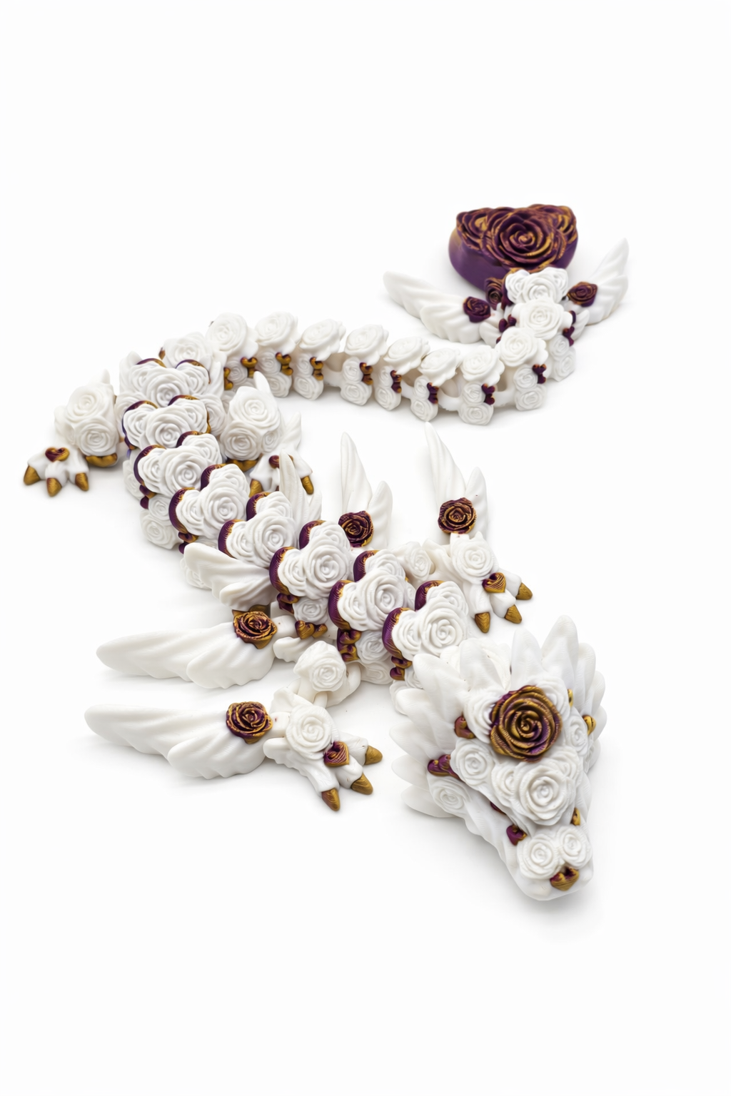 White Rose Dragon – Articulated 3D Printed Dragon Toy, Flexible Fantasy Fidget Figure, Desk Decor.