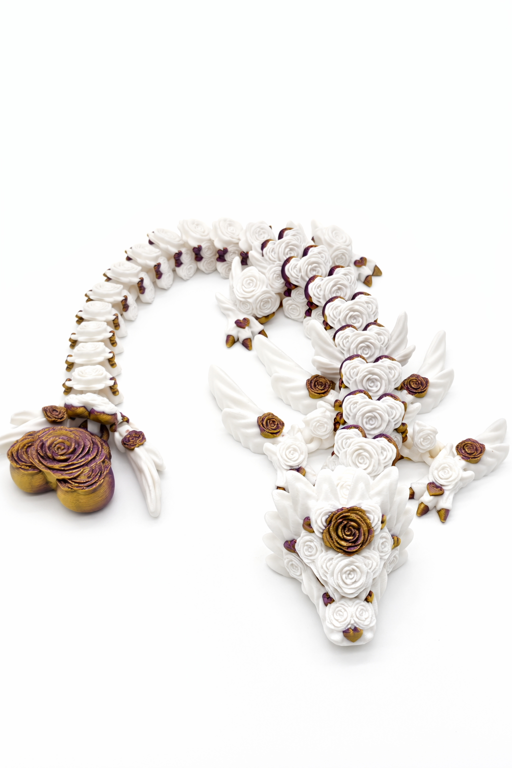 White Rose Dragon – Articulated 3D Printed Dragon Toy, Flexible Fantasy Fidget Figure, Desk Decor.