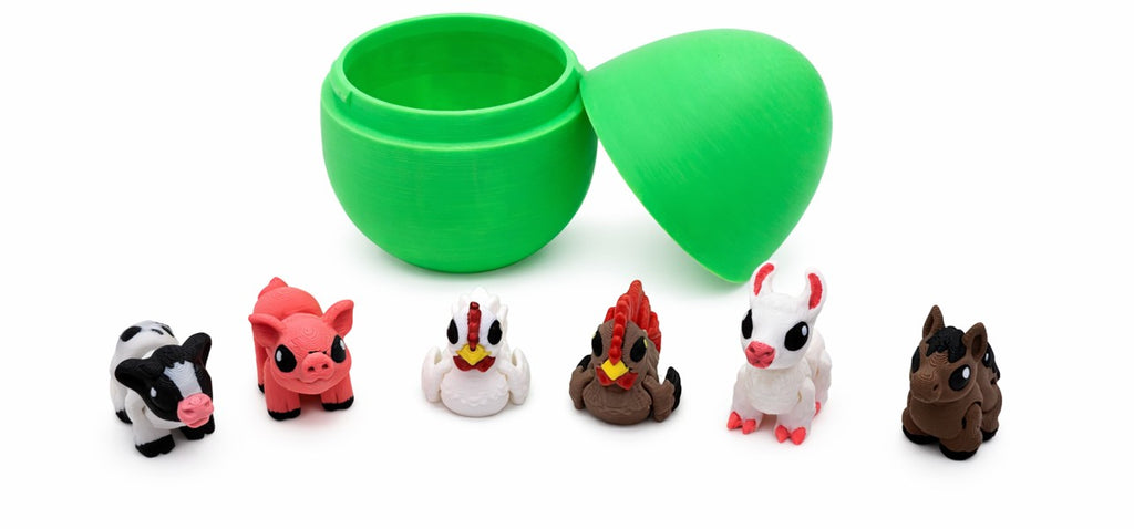 Green Farm Egg with 6 Mini Farm Animal Figurines – 3D Printed PLA Collectible Set – Horse, Pig, Chicken, Rooster, Cow & Llama – Decorative Display & Gift Set